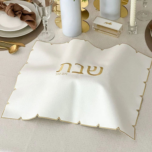 White Embroidered Leather Challah Cover Medium
